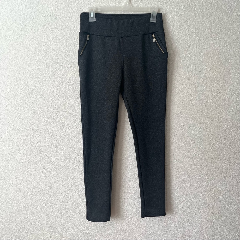 ShoSho Women’s Pull On Stretch Pants Leggings gray , Gold Zippers Detail Size L